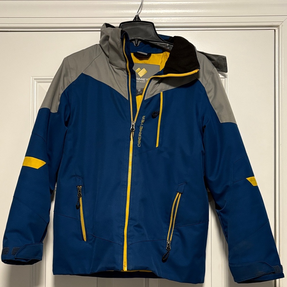 Obermeyer Boy Winter Ski Jacket in Blue and Gray with Yellow Highlights